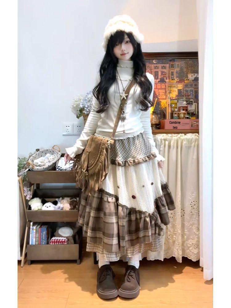 Vintage Forest-Inspired Plaid A-Line Skirt with Artistic Irregular Layers for Women - Autumn/Winter