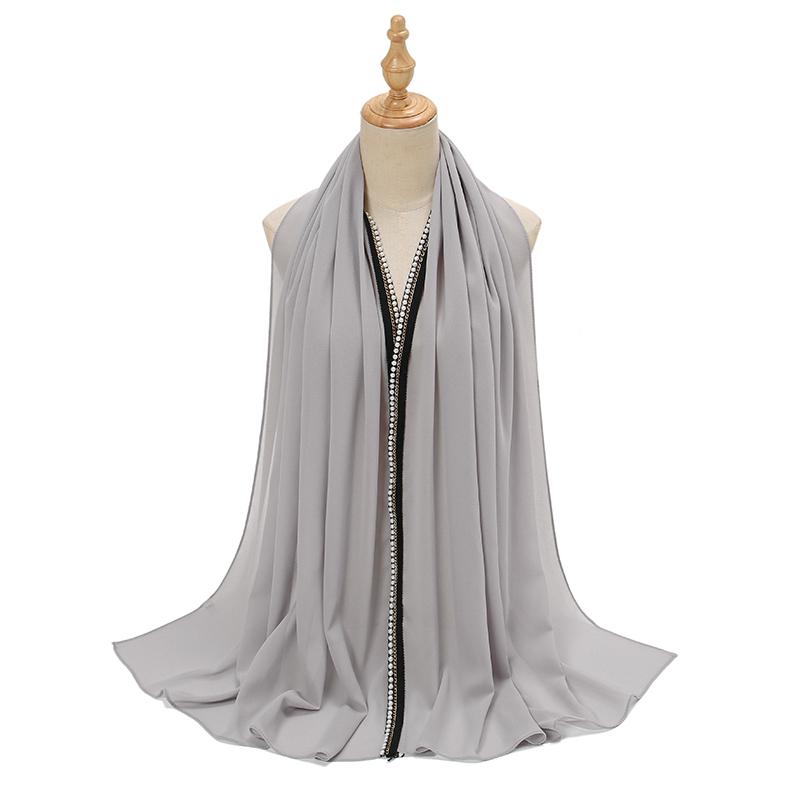 New Ramadan Chiffon Hijab Scarf With Pearls Beads Muslim Hijab With Chain Solid Long Shawls Headscarf Wraps Islamic Headband