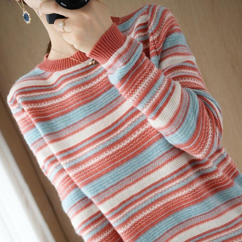 Autumn Winter Base Knitted Sweater Elegant Rainbow Knitting Tops Women All Match Casual Knitwear Long Sleeve Stripe Sweaters Thick Pullover
