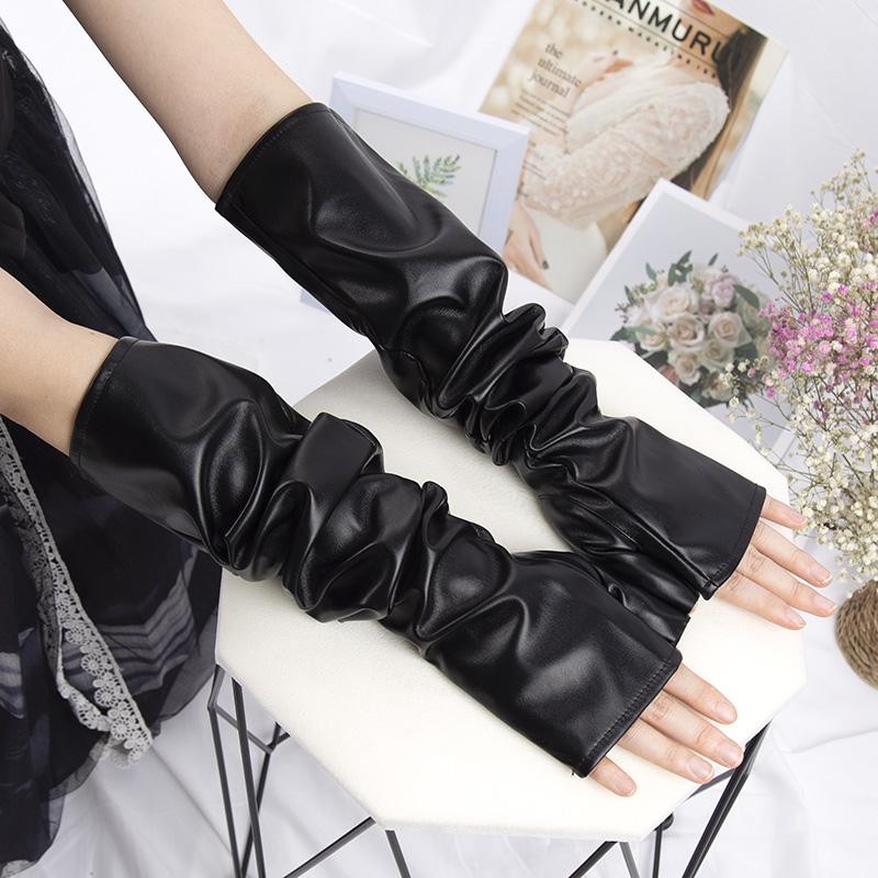 47cm Black PU Leather Long Fingerless Gloves Punk Rock Dance Women Hip Pop Jazz Disco Mittens Clubwear Cosplay Accessories