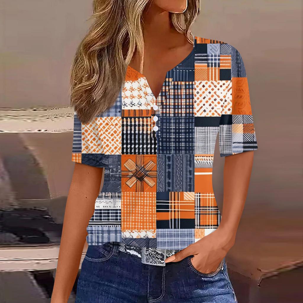 Damen T-Shirt mit Aufdruck und Knopfleiste, kurzärmelig, für den Alltag, Wochenende, modisch, Basic, V-Ausschnitt, normales Oberteil