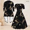 Women Plus Size Two Piece Set Printed Open Front Mid Sleeve Cardigan Square Neck Short Sleeve Tie Waist Flared Black Dress