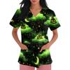 Women's short-sleeved Halloween print V-neck pocket protective work shirt