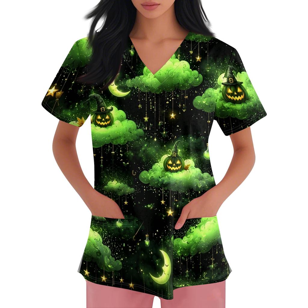 Women's short-sleeved Halloween print V-neck pocket protective work shirt