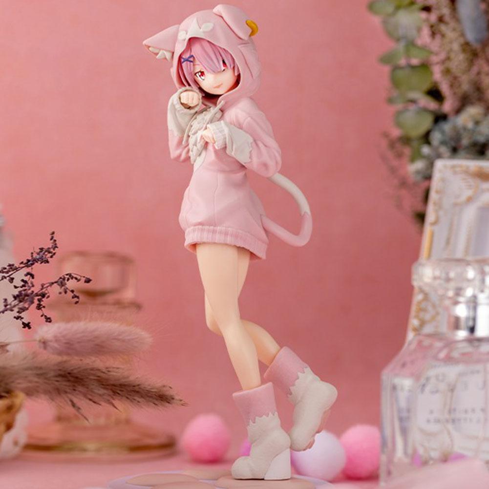 22CM Anime Remu Figure Rem Ram Cute Standing Pose Cat Ears Dresses Action Figure PVC Model Ramu Figurine Home Collection Gifts