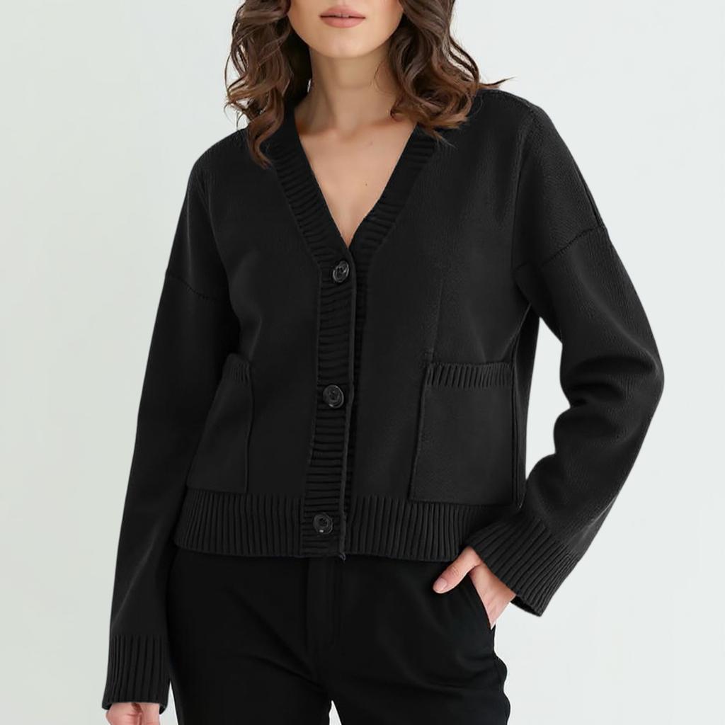 Women's Solid Color V-neck Pocket Knitted Cardigan With Loose And Soft Texture Design, Sweater Jacket