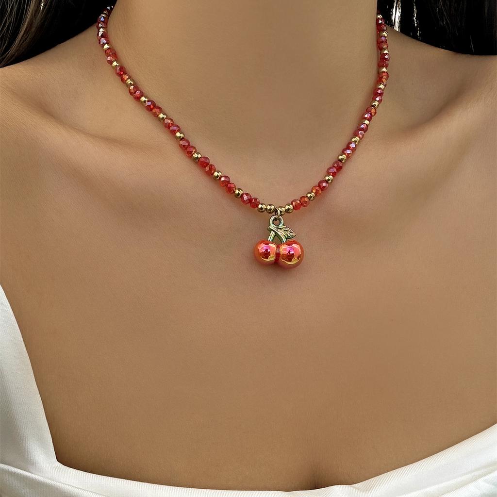 Y2K Sweet Cherry Strawberry Pendant Necklace For Women Dainty Cute Fruit Bow Charms Clavicle Chain Fashion Jewelry Accessories