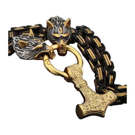 Men Necklace Retro Nordic Viking Style Hammer Wolf Head Pendant Amulet Thick