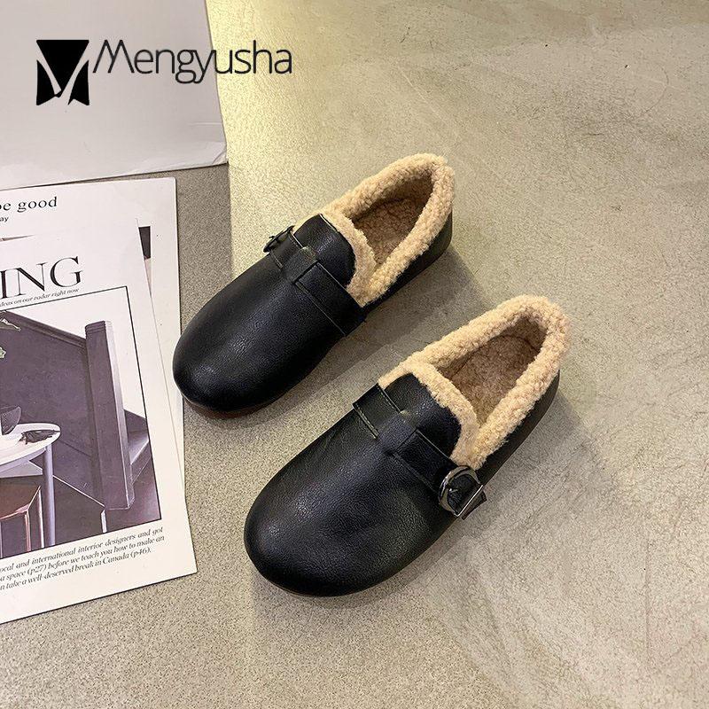 Retro Casual Winter Cotton Shoes Women Buckle Band Wool Fur Flats Woman Round Toe Loafers Fur Moccasins Warm Plush Sneakers 2024