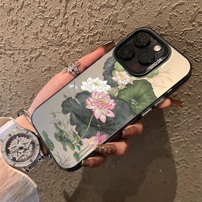 Chinese Ink Painting Lotus Pond Floral Pattern Design Protective Cover for iPhone 17 16 15 14 13 12 11 16E Series Pro Max Plus