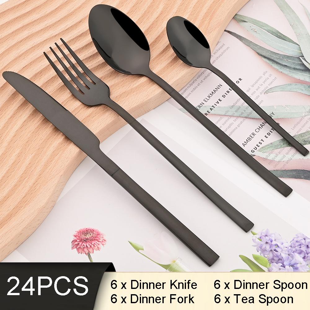 

6People Black Diningware Tableware Set Нож Вилка Чайная Ложка Столовые приборы из нержавеющей стали Western Home Kitchen Silverware