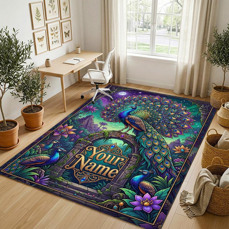 Peacock Theme Soft Crystal Velvet Rug Custom Name & Text Print Non Slip Floor Rug for Bedroom Living Room
