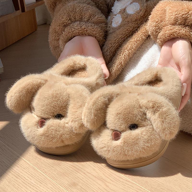 Fashion Cartoon Puppy Furry Cute Indoor Slippers Women 2025 Winter Fluffy Fur Non Slip Children's Home Slippers Warm Thick Plush Slides