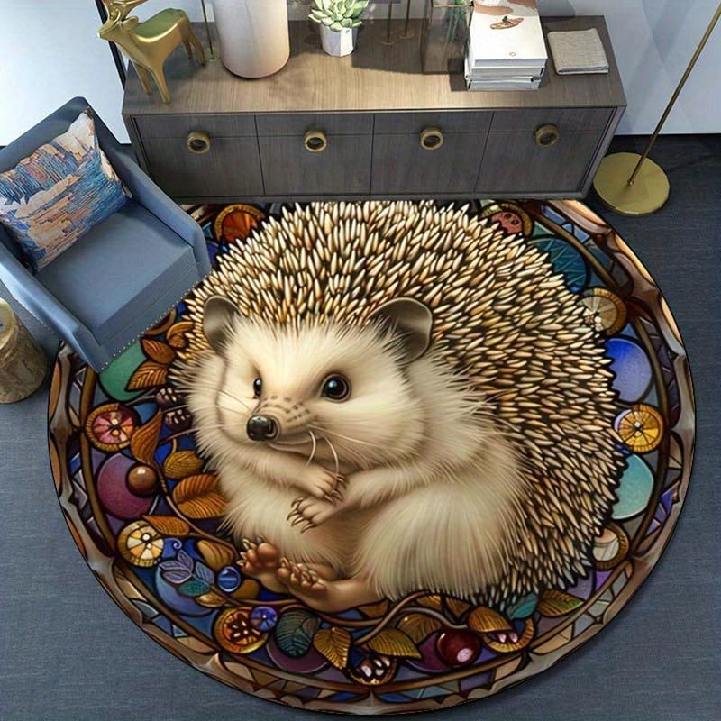 Retro Hedgehog Round Rug, Charming Non-Slip Mat for Patio, Garden, Bedroom, Living Room, Vintage Style Decor