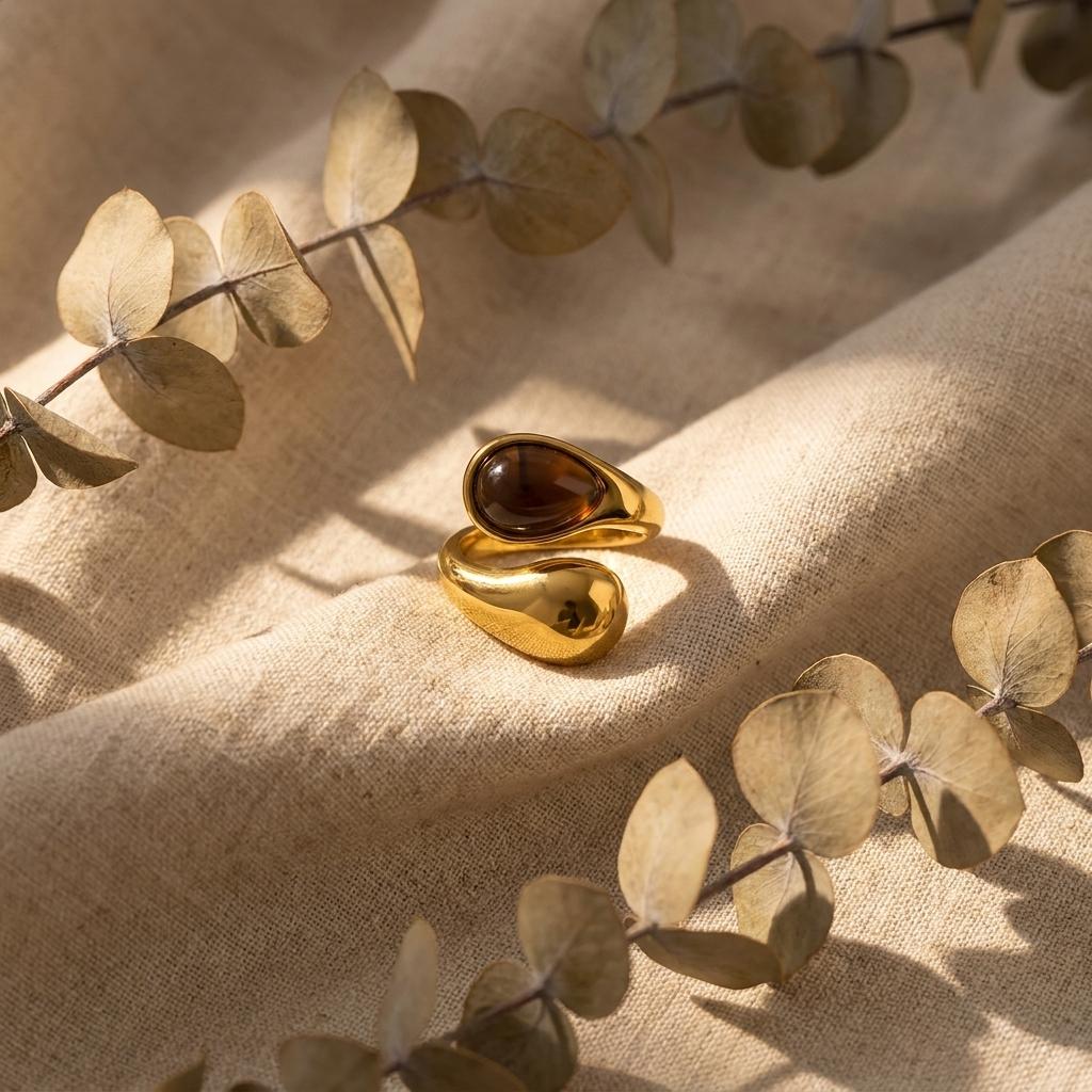 Retro Gold Color Irregular Metal Ring for Women Men Stainless Steel Natural Tiger Eye Opening Ring Aesthetic Dating Jewelry