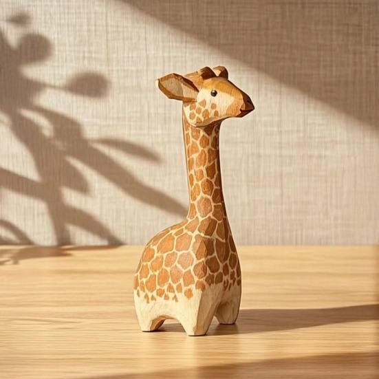 Small Wooden Giraffe Keepsakes Figurine, Cute Cartoon Ornament, Minimalist Animal Whimsical Nursery Table Decor Statue, Hand-Painted for