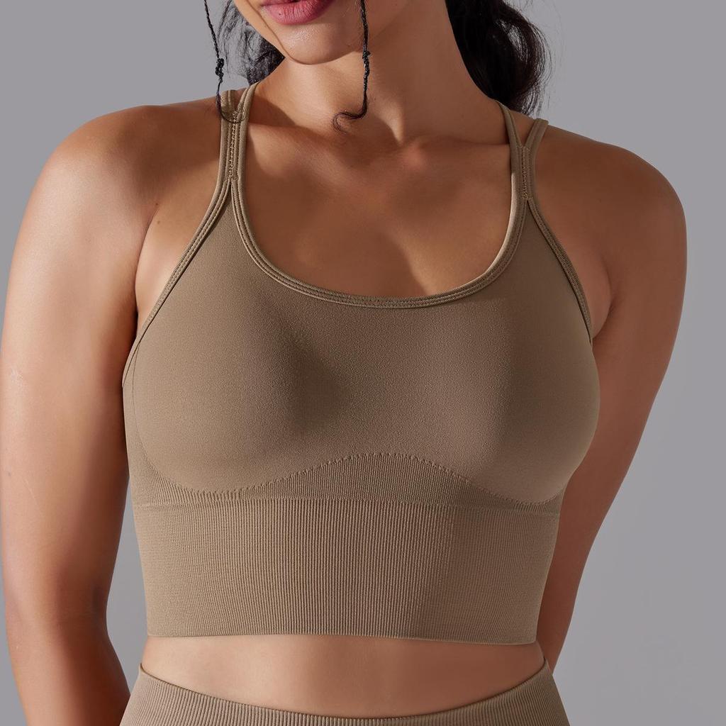 Solid Color Cross Back Sports Bra, Tight Fitting, Shock-absorbing, Gathering, High-strength Vest, Yoga And Fitness Bra For Women