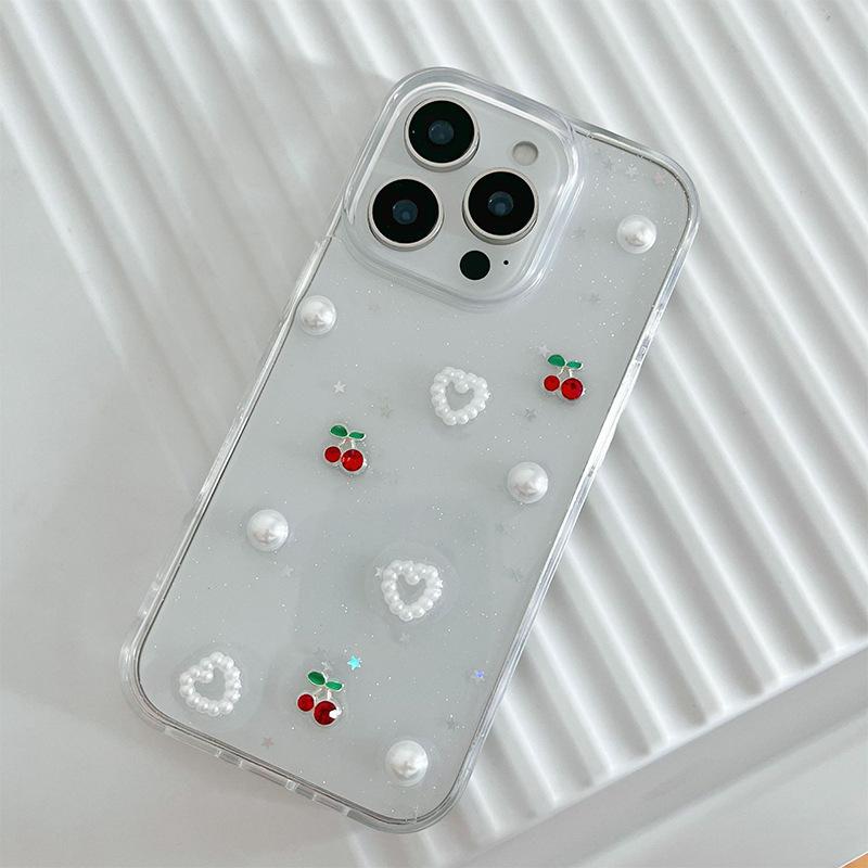 Körsbärspärla Glitter Paljett Telefonfodral för IPhone17promax Kärlek till Apple 16 Transparent 15 Kvinnlig Modell