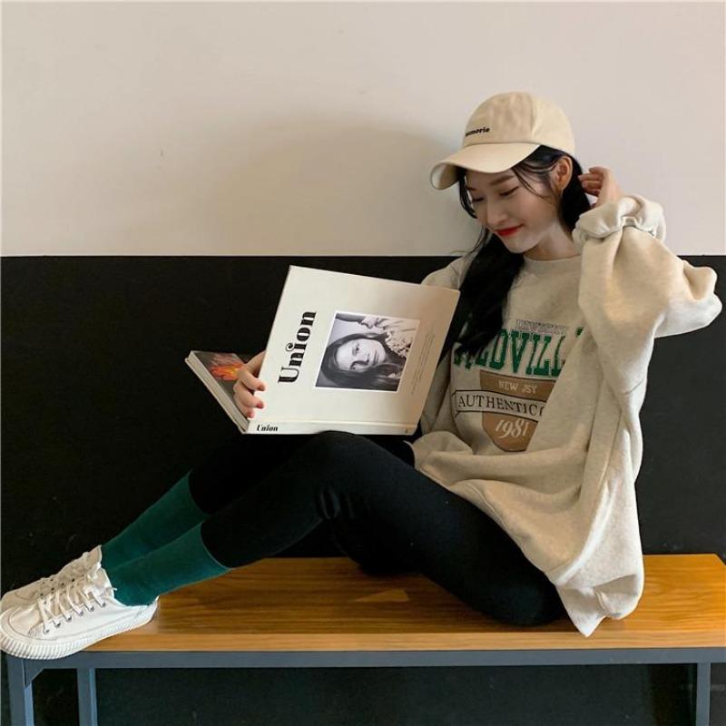 Women Long Sleeve O Neck Loose Pullovers Female Tops Solid Color Sweatshirts