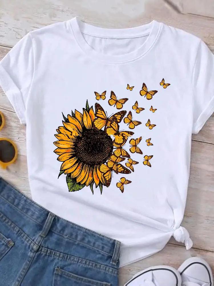Graphic T Shirt Sunflower Butterfly Cute Summer Casual Clothing Short Sleeve Women Print Fashion Clothes Tee Tshirt Female Top