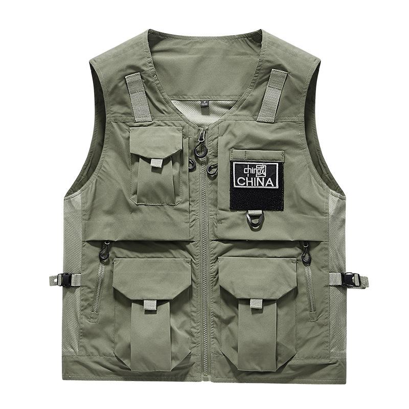 Herrenweste im chinesischen Stil Herbst Outdoor Tarnung Dreidimensionale aufgesetzte Tasche Stehkragen Lässige Arbeitsweste Jacke