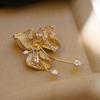 Copper Gold-plated Bauhinia Brooch with Zircon and Pearl Accents
