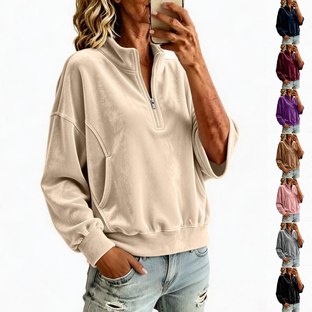 Damen Casual Samt Stehkragen Sweatshirt Langarm Farbe Pullover