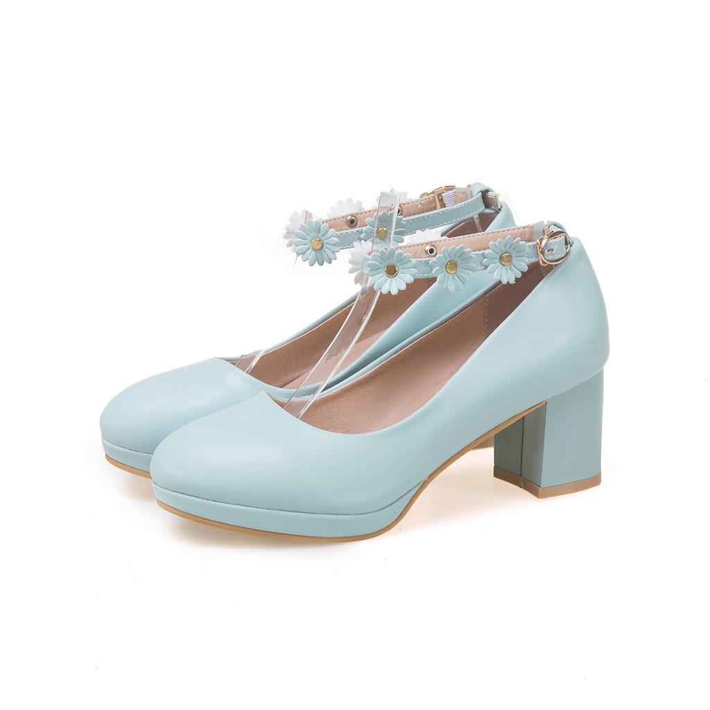 White Wedding Party Girls High Heels Pink Chunky High Heel Lolita Shoes Female Princess Flower Ankle Buckle Women Pumps 30-43