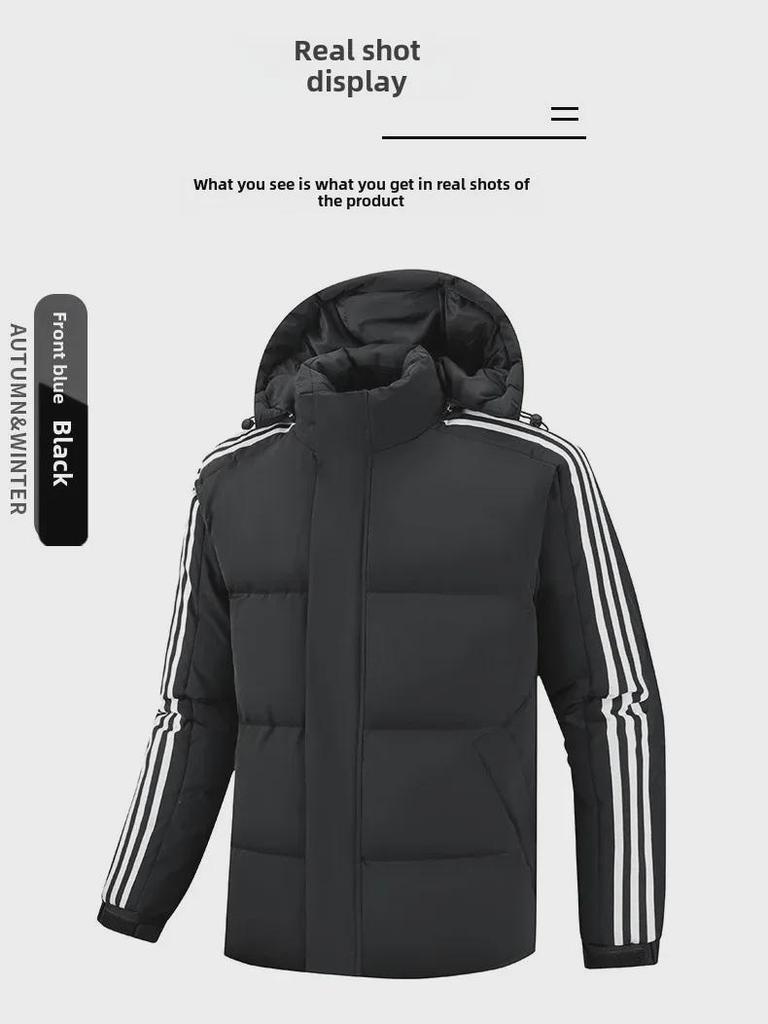 Pánská bavlnou polstrovaná bunda s kapucí, Velikost M-8XL, Zimní teplo, Ležérní design se třemi pruhy