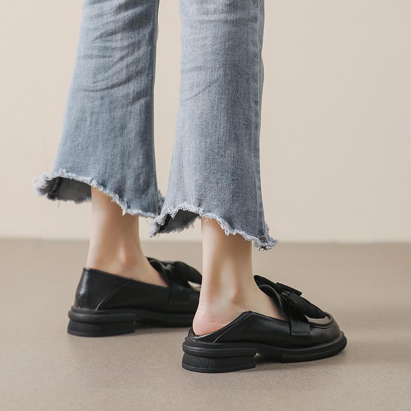2023 Women's Retro Bow Loafers: Thick Sole & Heels, Soft Spring/Autumn Leather, British Style