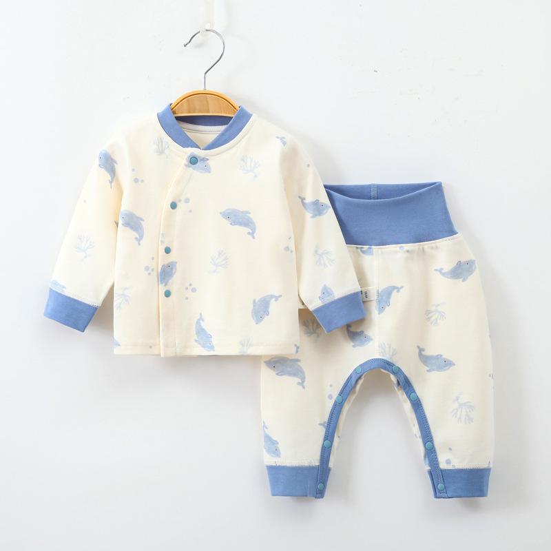 Spring & Autumn Pure Cotton Baby Underwear Set - High Waist Belly Protection Top & Trousers, Tagless for Newborns
