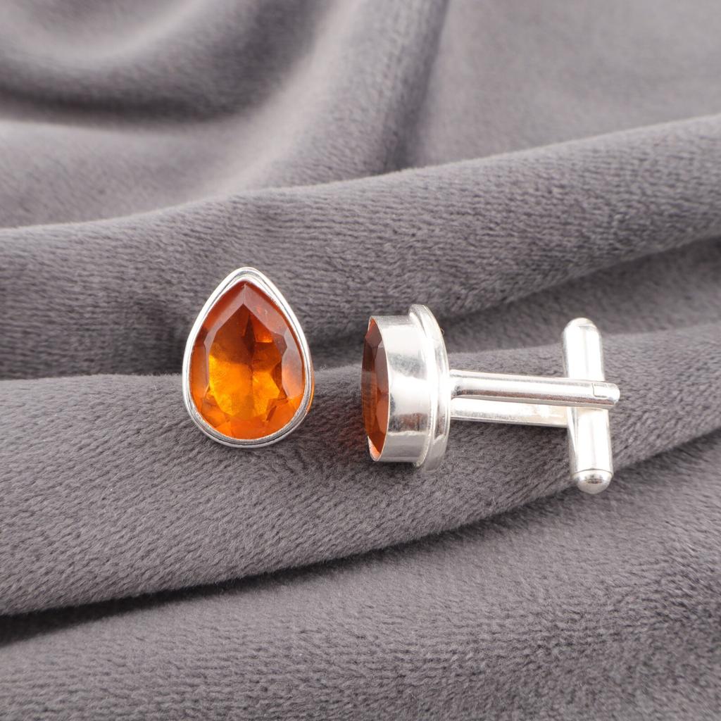 Citrine Gemstone 925 Sterling Silver Handmade Cufflinks 0.66" Gift For Husband CL-6-3