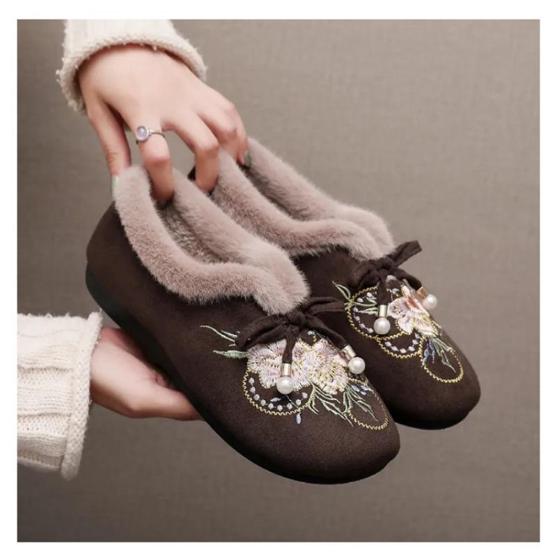 Womens Embroidered Fleece Lined Warm Ethnic Style Casual Flat Cloth Shoes