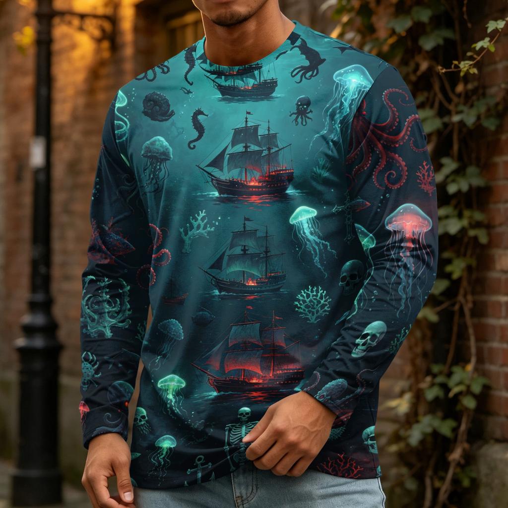 Men's Halloween Print Fashion Neck Long Sleeve T-Shirt