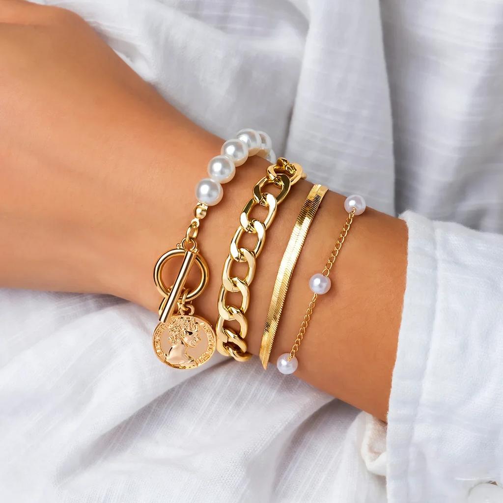 4pcs Set Luxury Imitation Pearl Chain Beaded Bracelet for Women Exquisite Charm Gold Color Stainless Steel Bangle Jewelry Set