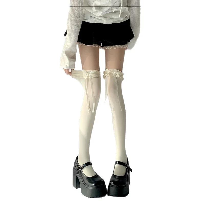 

Женские кружевные черные белые носки с оборками, женские милые чулки Jk Lolita, нейлоновые кружевные леггинсы выше колена с бантиком, чулочные изделия Fit 40-65kg