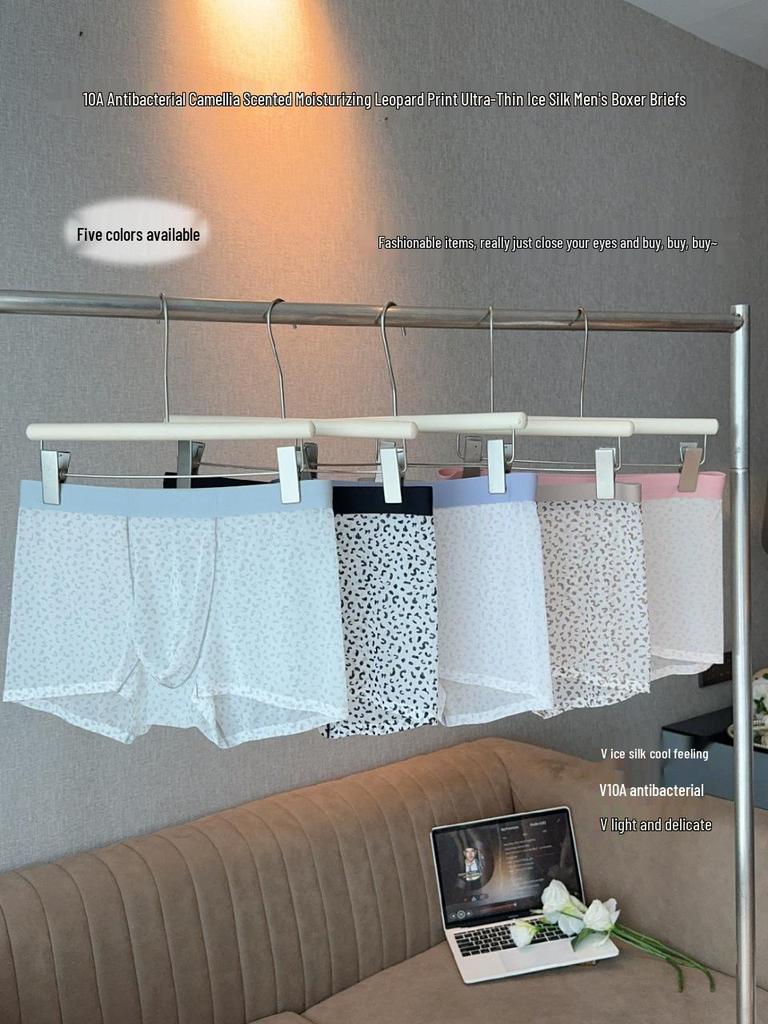 Cueca Boxer Masculina Transparente Estampa Leopardo Ultra-Fina Seda Gelada 10A com Aroma de Camélia Antibacteriano