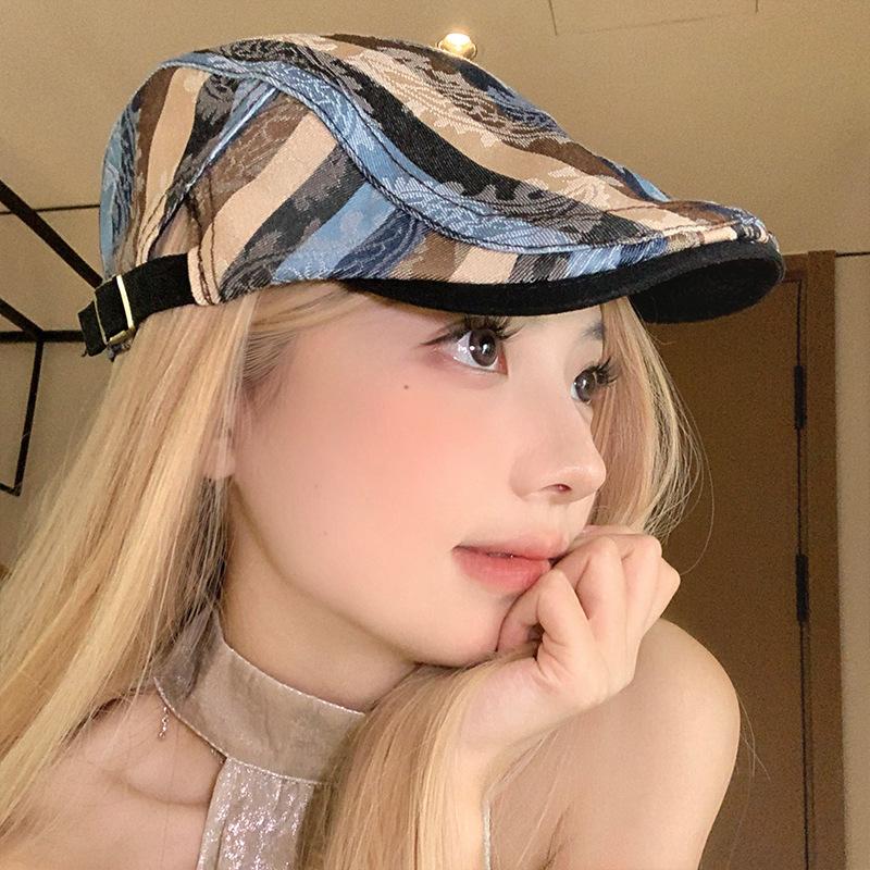 Dopamine Retro Plaid Forward Hat Women's Spring and Autumn Models, Big Head Circumference, Wearing a Beret To Show Their Face, Small Newsboy Hat Tide