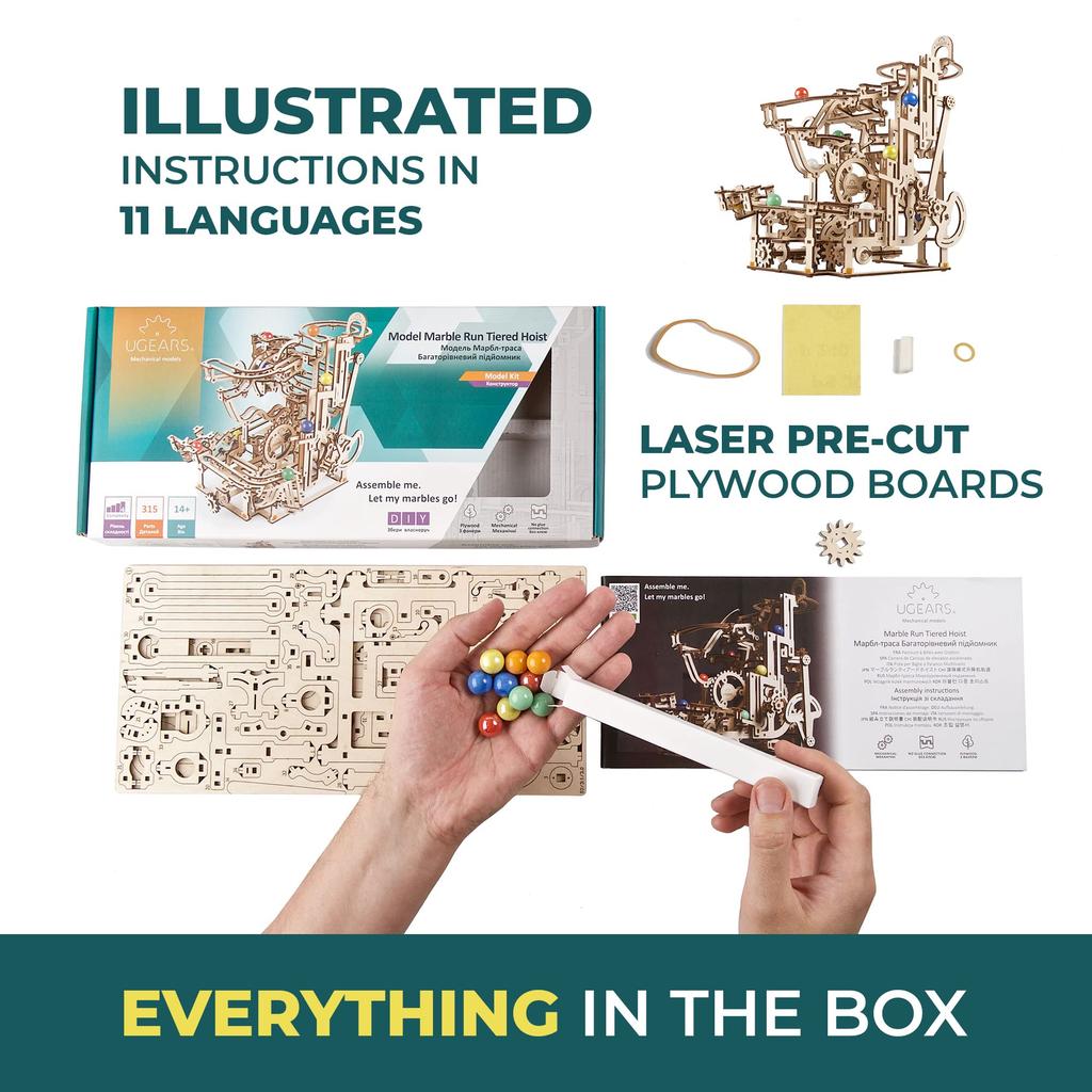 UGEARS Runtiered Hoist de Bolinhas Quebra-Cabeça de Madeira 3D para Adultos Quebra-Cabeça Labirinto de Gravidade 3D Kit de Modelo Mecânico Kit de Modelo de Madeira 3D Modelo Educacional DIY - - -