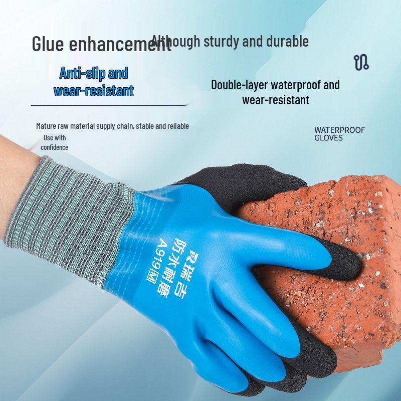 Double-Layer Waterproof Anti-Slip Wear-Resistant Rubber Work Gloves for Shellfish Gathering with Thickened Nylon.