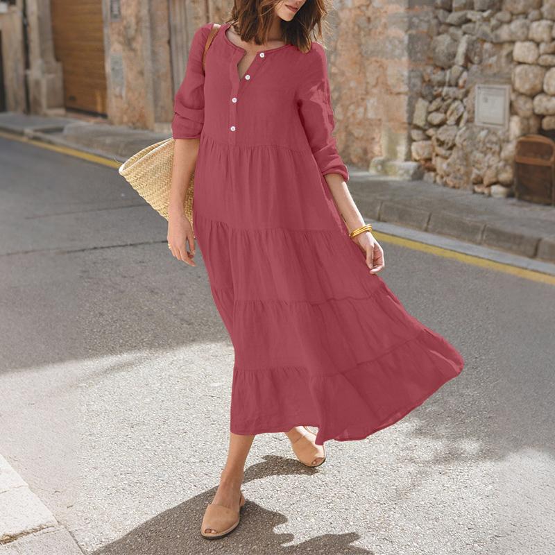 

ZANZEA Женское повседневное платье с круглым вырезом, свободного кроя, однотонное, с длинным рукавом 5XL