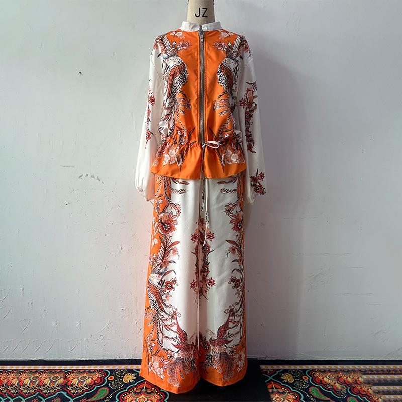Dámský elegantní top s květinovým potiskem, volného střihu, s krátkým rukávem, se stahováním v pase a set širokých kalhot