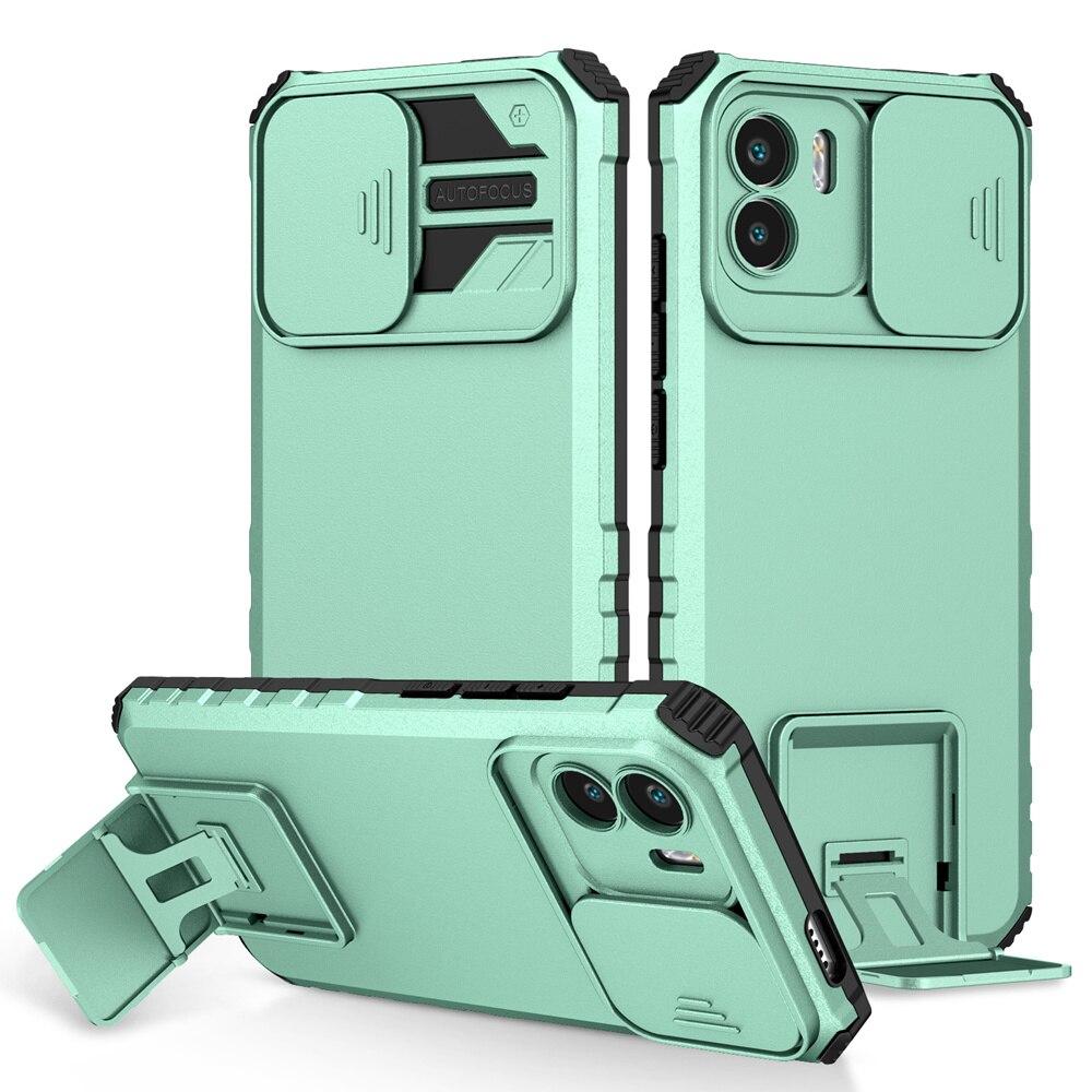 KEYSION Shockproof Case for Xiaomi Redmi A1 10C 10A Push Pull Camera Protection Live Stand Phone Cover for Redmi Note 9 Pro 9S