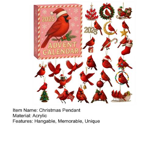 Red Bird Christmas Countdown 2025 24 Days Acrylic Bird Ornaments with Hooks Festive Holiday Decor for Tree & Shelf Unique Gift