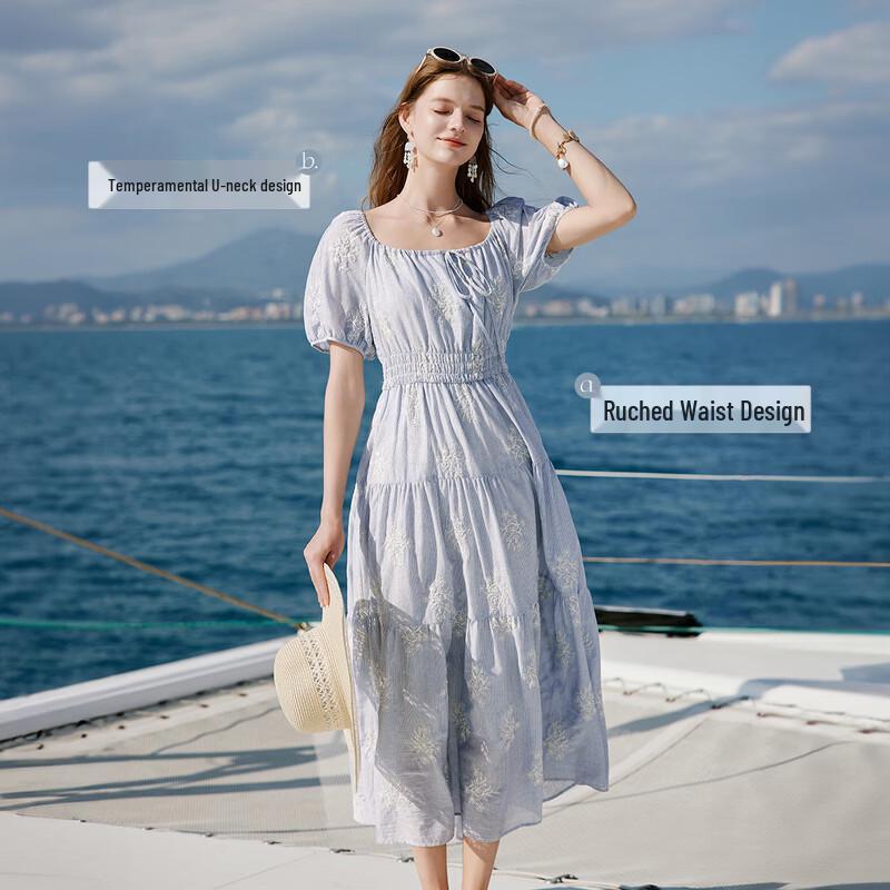 French Style Embroidered Striped Cotton Maxi Dress