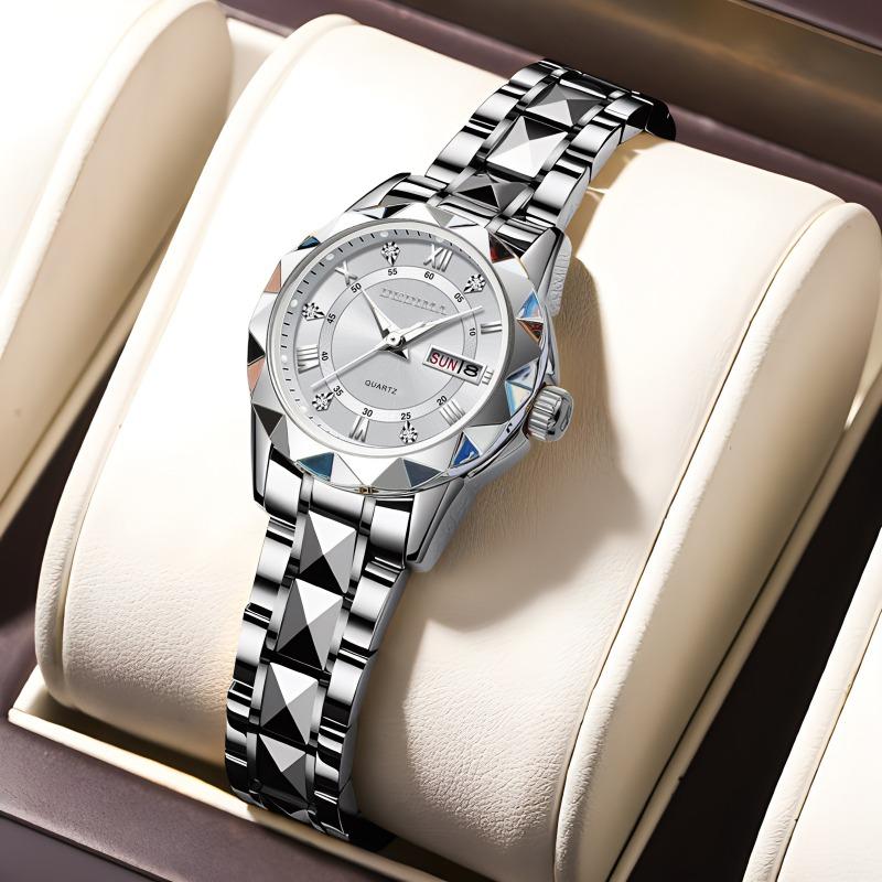 Top Brand New Fashion All-match Women's Diamond-encrusted Double Calendar Waterproof Luminous Watch Elegant Goddess Watch