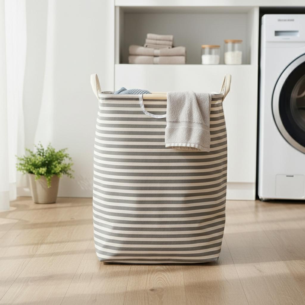 Cotton Linen Laundry Basket Foldable Storage Hamper with Waterproof Lined Wooden Handles for Bedroom Bathroom Laundry Room Home