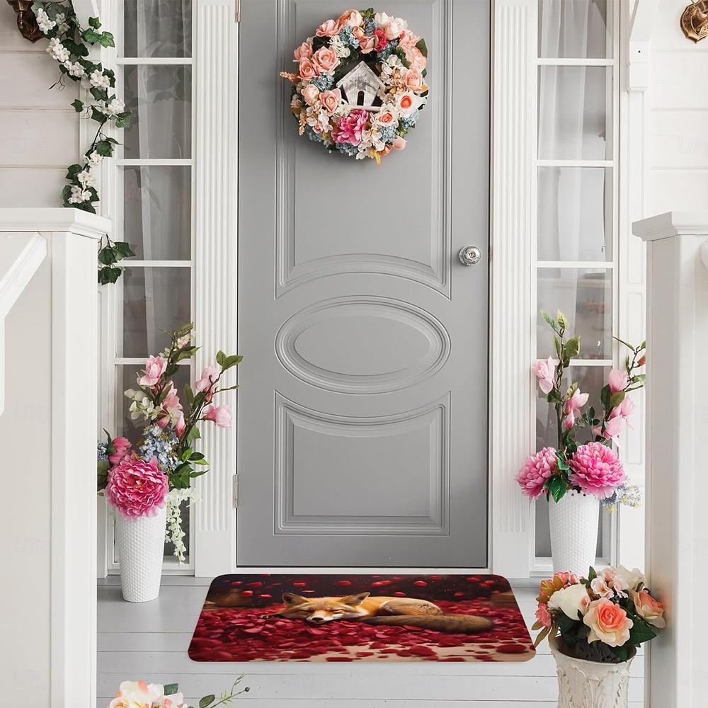 Valentine's Day Floor Mat Entrance Doormat Cute Flower Fox Area Rug Non-Slip Carpet for Bedroom Living Room Hallway Home Decor