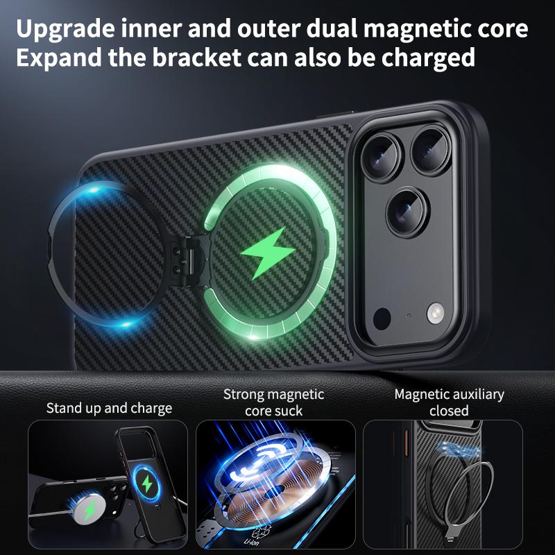 360 Rotating Kickstand Magnetic Carbon Fiber Pattern Case For iPhone 17 Pro Max 16 Plus 15 14 13 12 Comfortable Grip Slim Cover