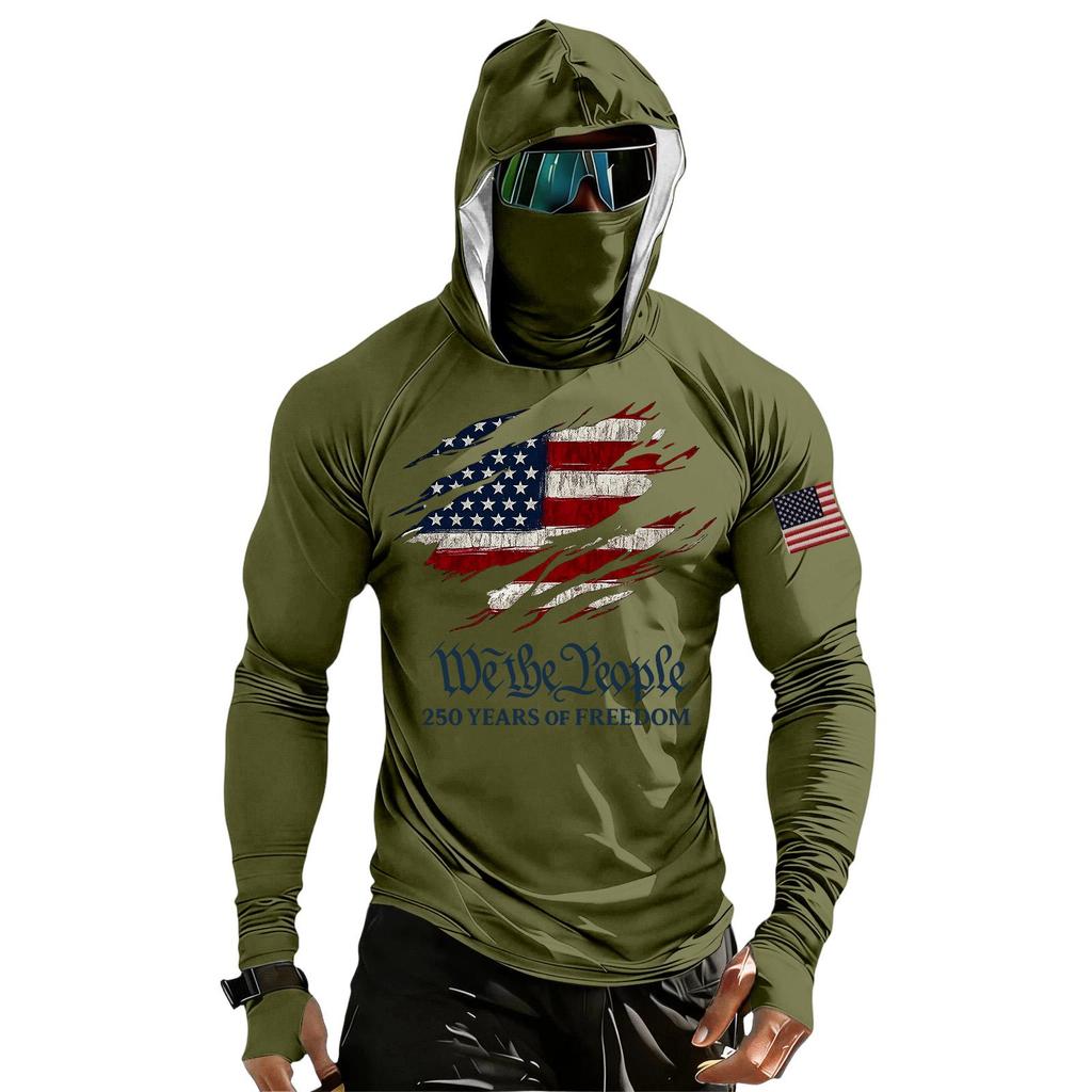Men's Casual Raglan Sleeve Hooded Long Sleeve Sun Protection Shirt Lightweight Breathable Outdoor Sports Top with Face Cover